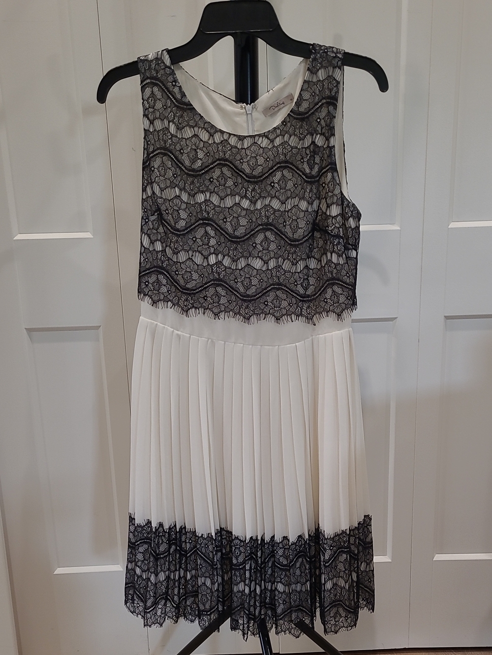 Darling Pleated White Dress with Black Lace Overlay